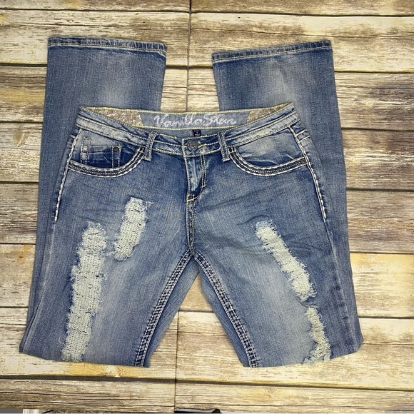 Vanilla Star Medium Wash Y2K Distressed Flare Jeans Juniors Size 9 - Picture 2 of 11